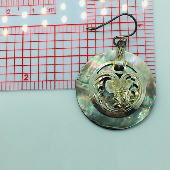 Abalone Shell Earrings Sterling Silver Etched Dangle Pierced Merav Mexico 925 - Picture 9 of 9